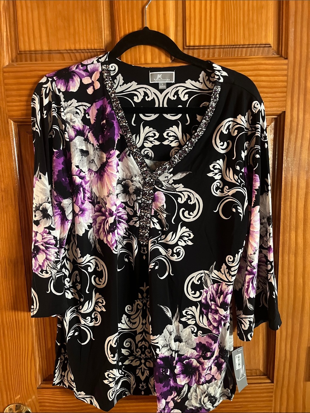 JM Collection Black Floral V-Neck Tunic with Purple Accents